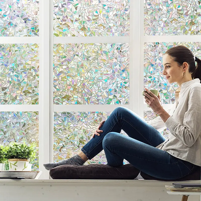 3D Static Stained Glass Cling Window Privacy Film, Decorative Rainbow Cling Holographic, No Glue Frosted Half Moon Anti-UV