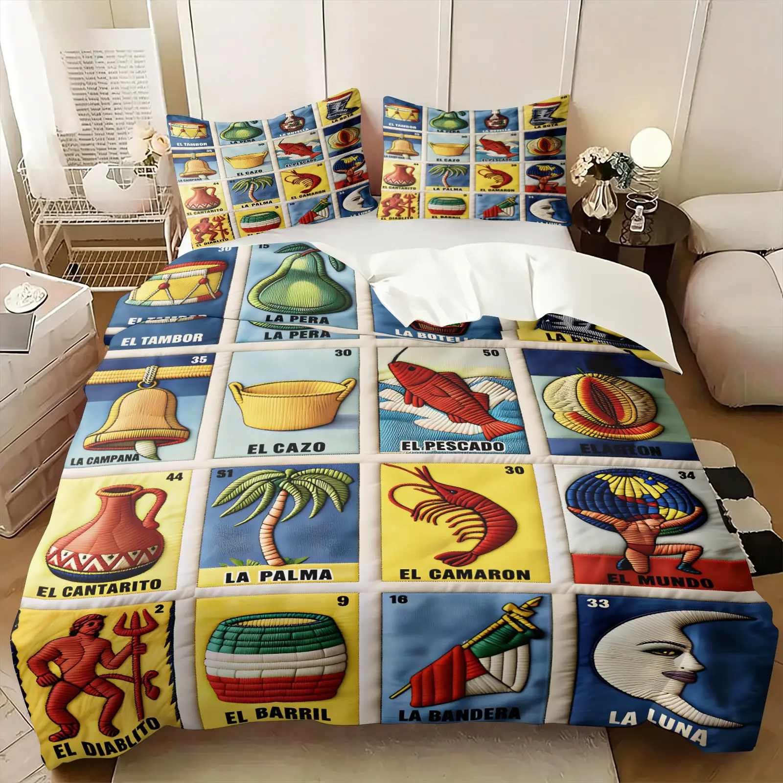Retro Color Block Mexican Folk Game Card Bedding Duvet Cover Set, Include 1 Comforter Cover and 1/2 Pillowcases, Colorful Traditional Folk Art Print Quilt Cover, Bell Shrimp Palm Moon Pattern Soft Comfortable Bedding