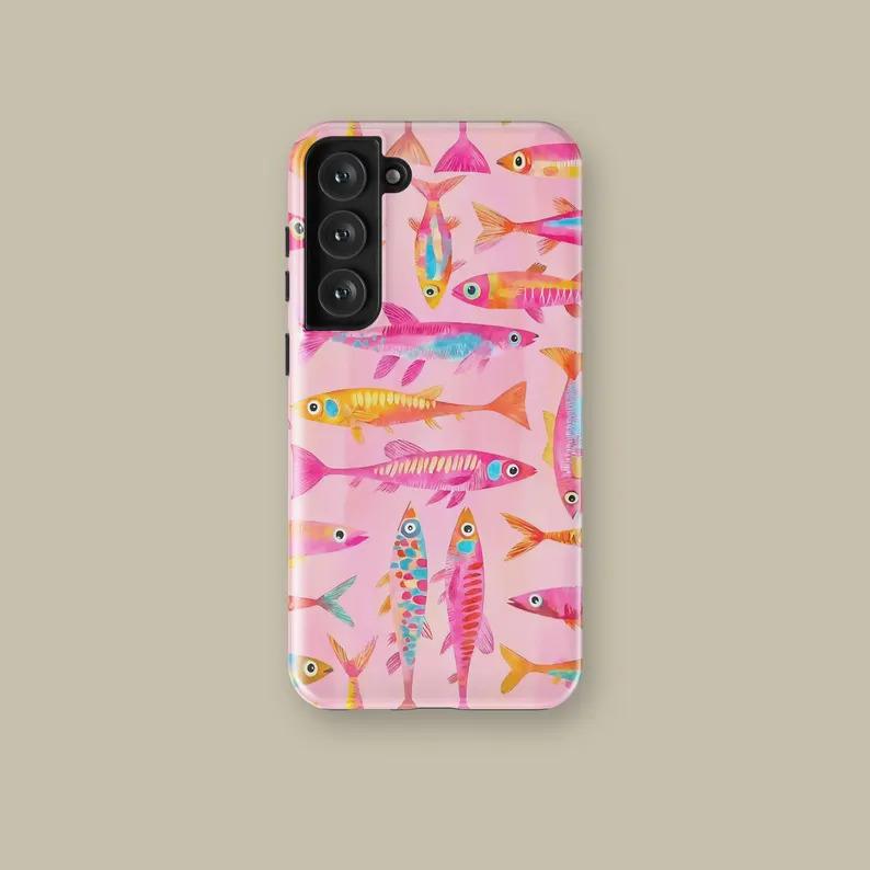 Glam Street TPU Shockproof Waterproof Phone Case - Preppy Cover/Shell with Pink Cartoon Fish, Vintage Skull, Flower Designs for iPhone 12-17 Pro Max, Samsung S23-S25 Ultra Full-Protection Accessory