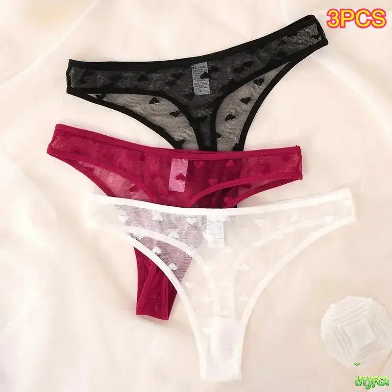 3 Pack Women Sheer Mesh Heart Pattern Low Rise Thong Panties, Ultra Soft Stretch See Through Mesh Underwear, Breathable No Show Romantic Heart Print Intimate Bottoms,Skin Friendly Thin Waistband Underpants For Daily Bedroom Valentine Intimate Outfit