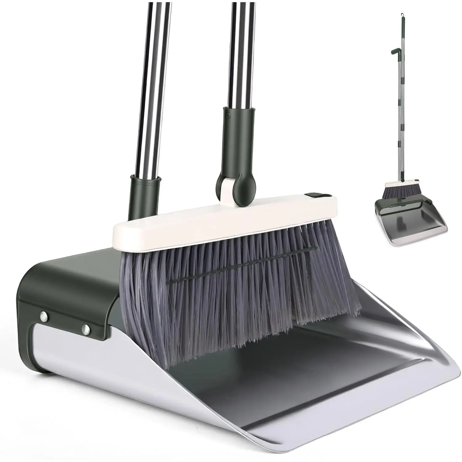 1 Set Metal Standing Broom and Dustpan Combo with Long Handle, Teeth, Heavy-Duty Brush + Dustpan for Home Kitchen Use, Green, Floor Cleaning Brooms, Standing Type