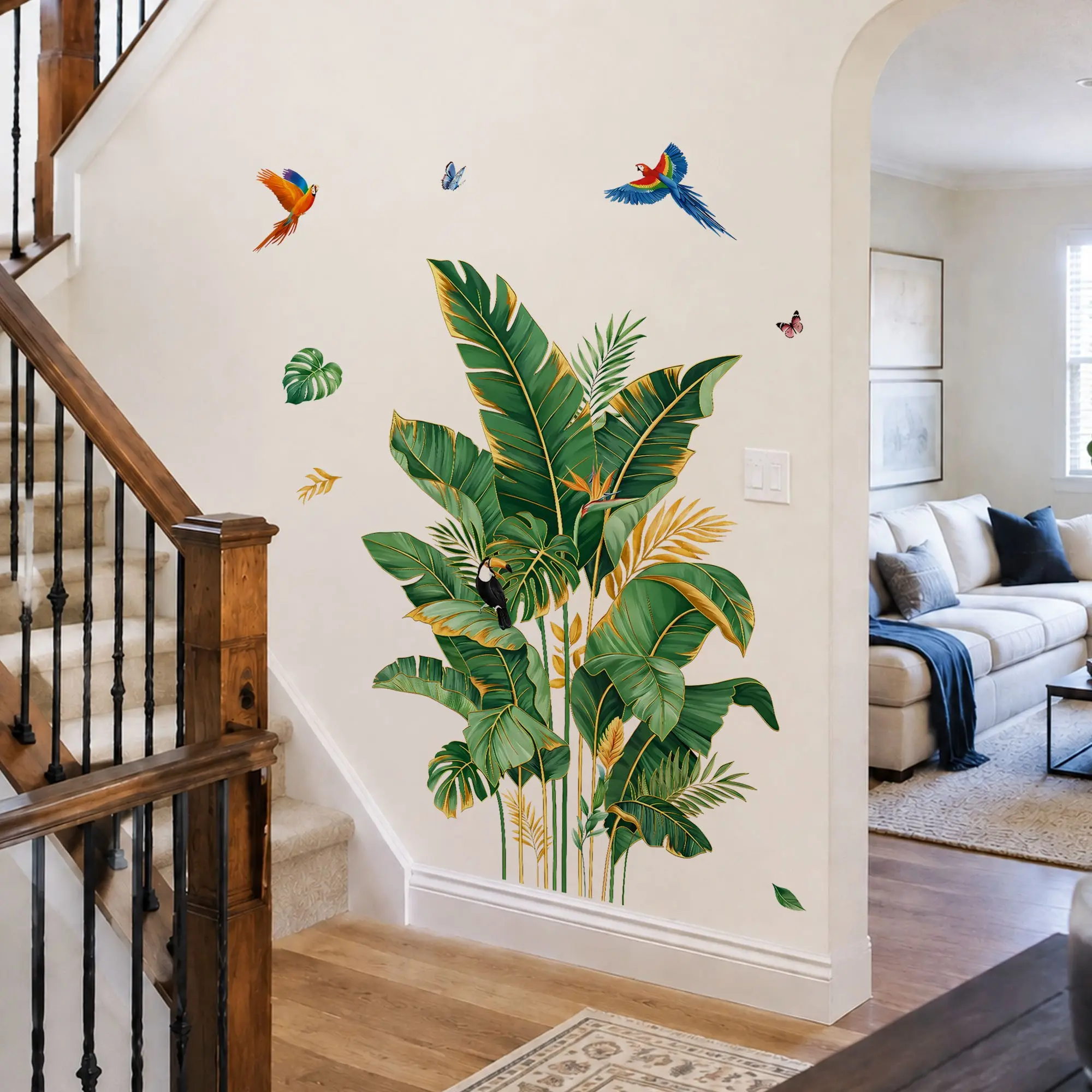 2pcs Large Tropical Jungle Wall Decals, Palm Monstera Leaves, Parrots Toucan Butterflies, Peel and Stick Botanical Stickers