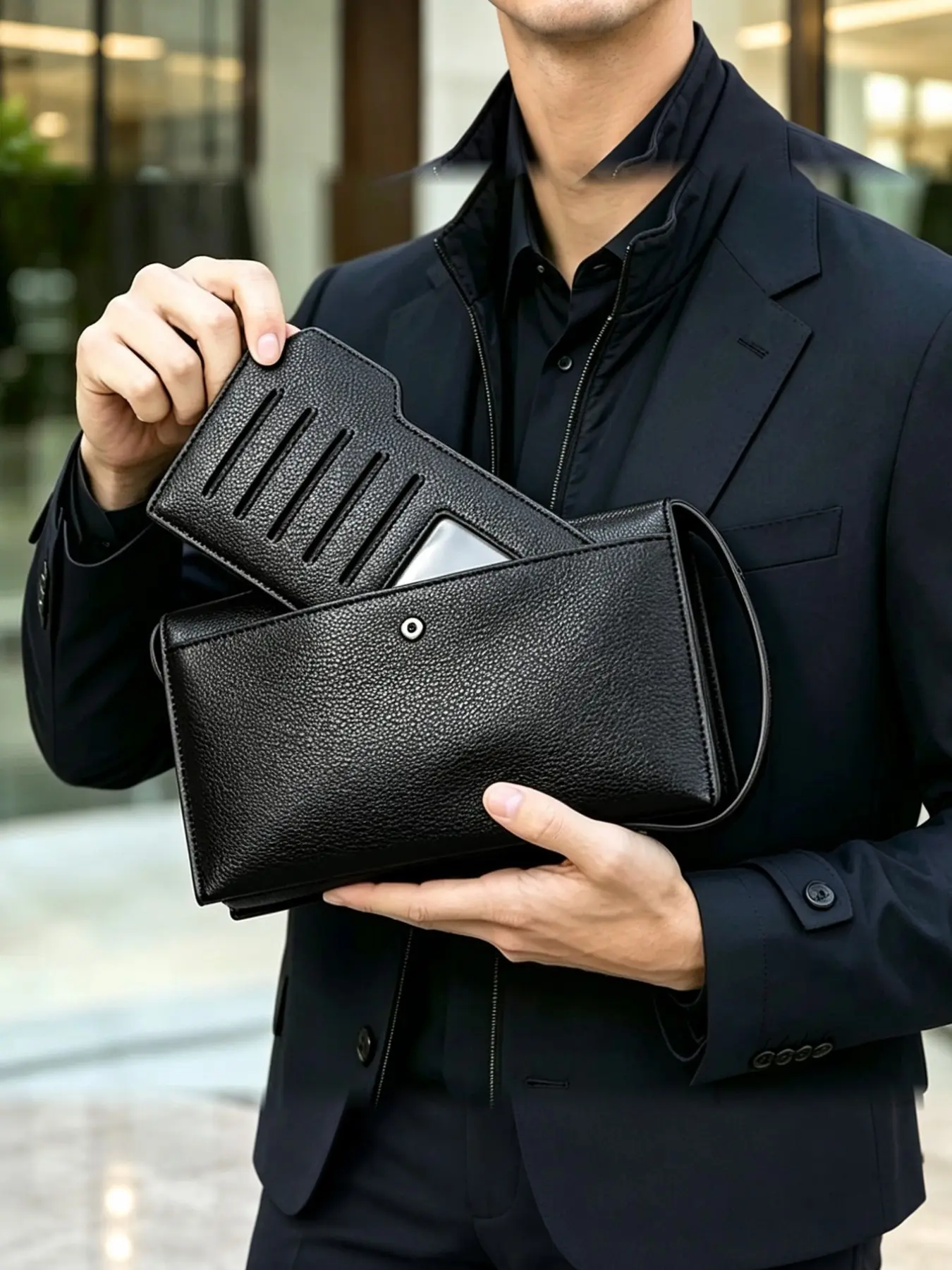 Men's PU Leather Clutch Wallet, Large Capacity Business Anti Theft Wristlet Handbag with Password Lock, Detachable Card Holder, 16 Card Slots, Hidden Pockets, Phone and Document Storage, Adjustable Wrist Strap, Travel Handbag and Gift for Men