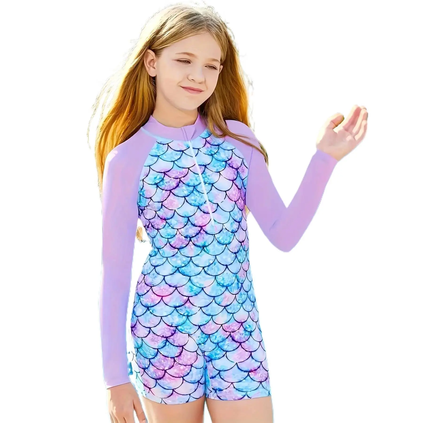 Girls Long Sleeve One Piece Swimsuit Full Coverage High Elasticity Front Back Flower Print Daisy Bodysuit Machine Washable Beach Pool Swimwear 4+