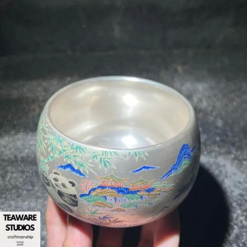 Hand-Engraved Silver-Plated Tea Cup with Bamboo & Panda Patterns - Traditional Chinese Aesthetic Teacup for Tea Lovers - Unique Hand-Made Drinkware.