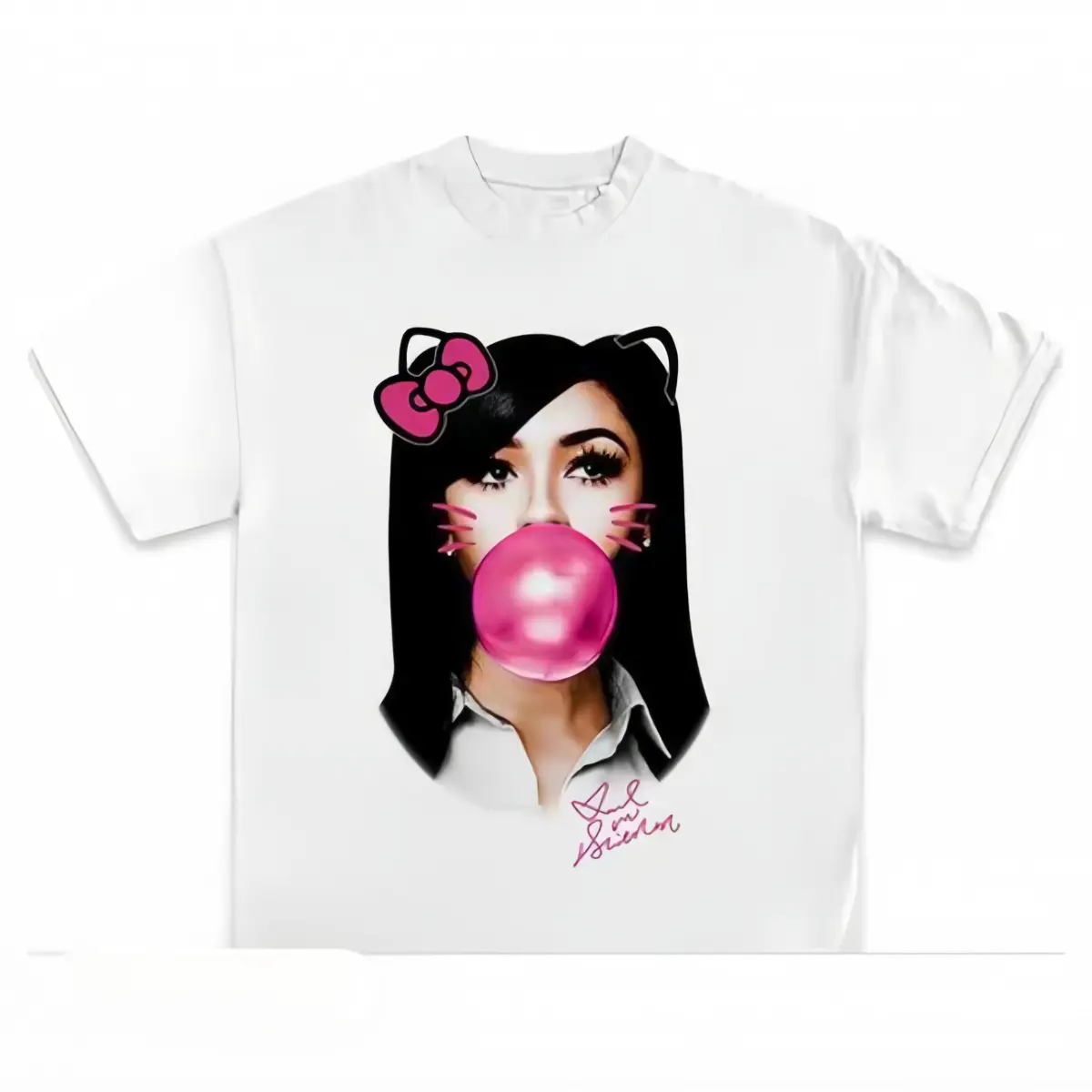 Trendy Girl Cat Whiskers Pink Bubblegum Art Print Fashion Tee