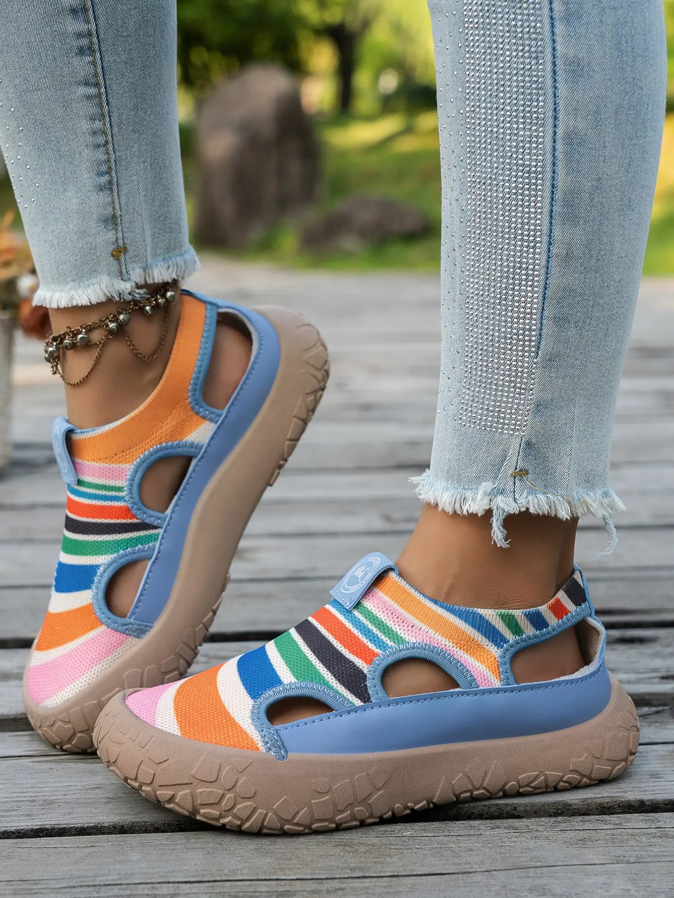 Women's Boho Colorful Striped Knit Closed Toe Slingback Platform Bohemian Trending Sandals, Breathable Hollow Mesh Slip On Light Non-Slip Rubber Rugged Sole Beach Walking Shoes for Summer Vacation Street Outfits