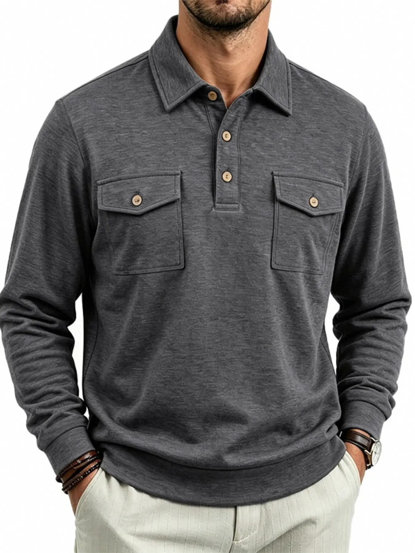 Men's Double Button Chest Pocket Long Sleeve Polo Shirt Polo Style, Spring Fall Workwear Collar T-Shirt, Business Casual Heavyweight Versatile Top