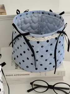 Coquette Blue Polka Dot Quilted Storage Basket with Lace & Black Bow, Cute Open-Top Organizer Bin for Vanity & Desk Decor, Gift for Her