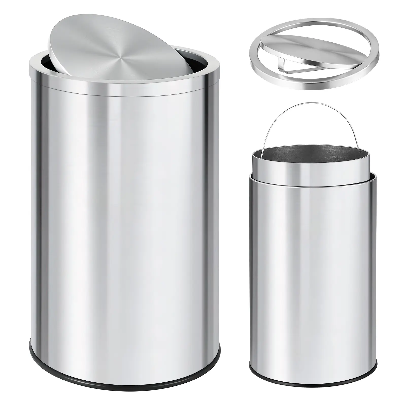 Swing-Top Stainless Steel Bin, 13.2 and 18.5 Gallon Sizes, Removable Inner Bucket, Silver