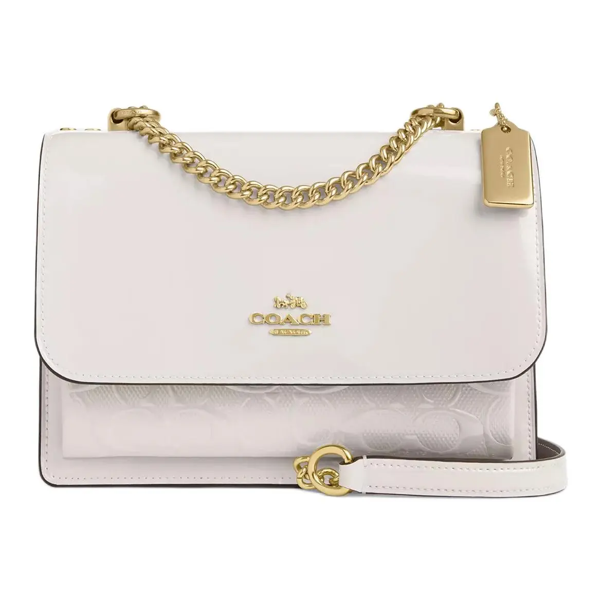 COACH Klare 22 Crossbody Bag for Women – Metallic Logo, Patent and Smooth Leather, Adjustable Strap, Medium Size, Chalk Color