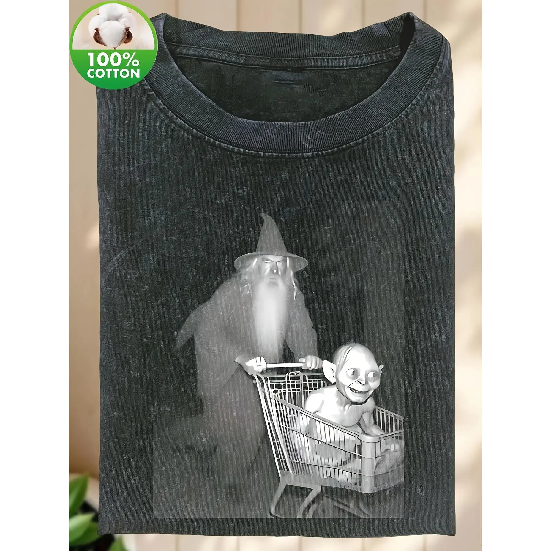 Vintage Washed T-Shirt Men Gandalf Pushing Shopping Cart Gollum Meme Black White Print Crew Neck Casual Pullover Tees Funny LOTR Fantasy Streetwear Tops Soft 100% Cotton Graphic Tee