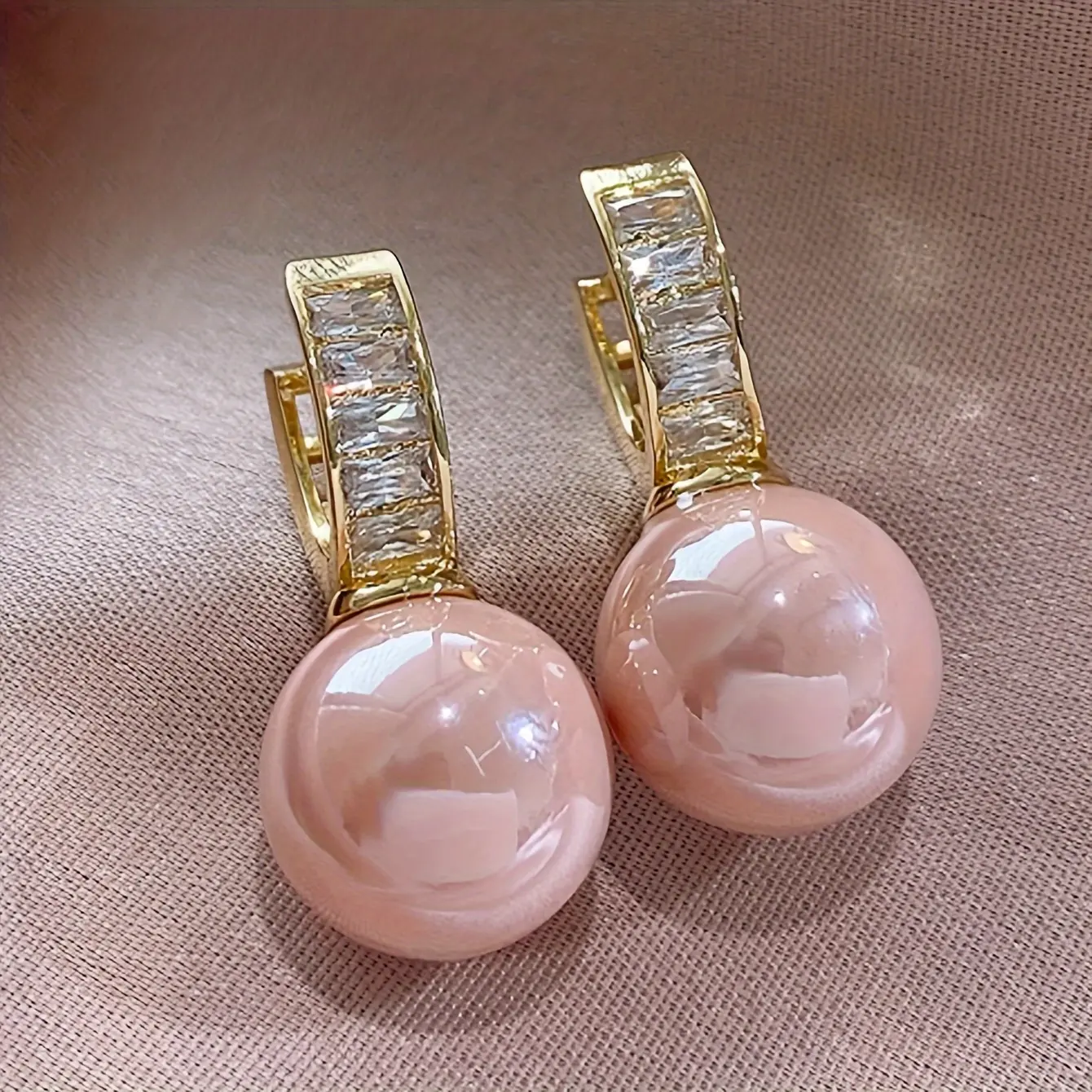 Women's Pink Faux Pearl Drop Hoop Earrings with Sparkling Zirconia - Gold-Tone Statement Costume Jewelry, Elegant Affordable Luxury for Parties, Dates & Daily Wear
