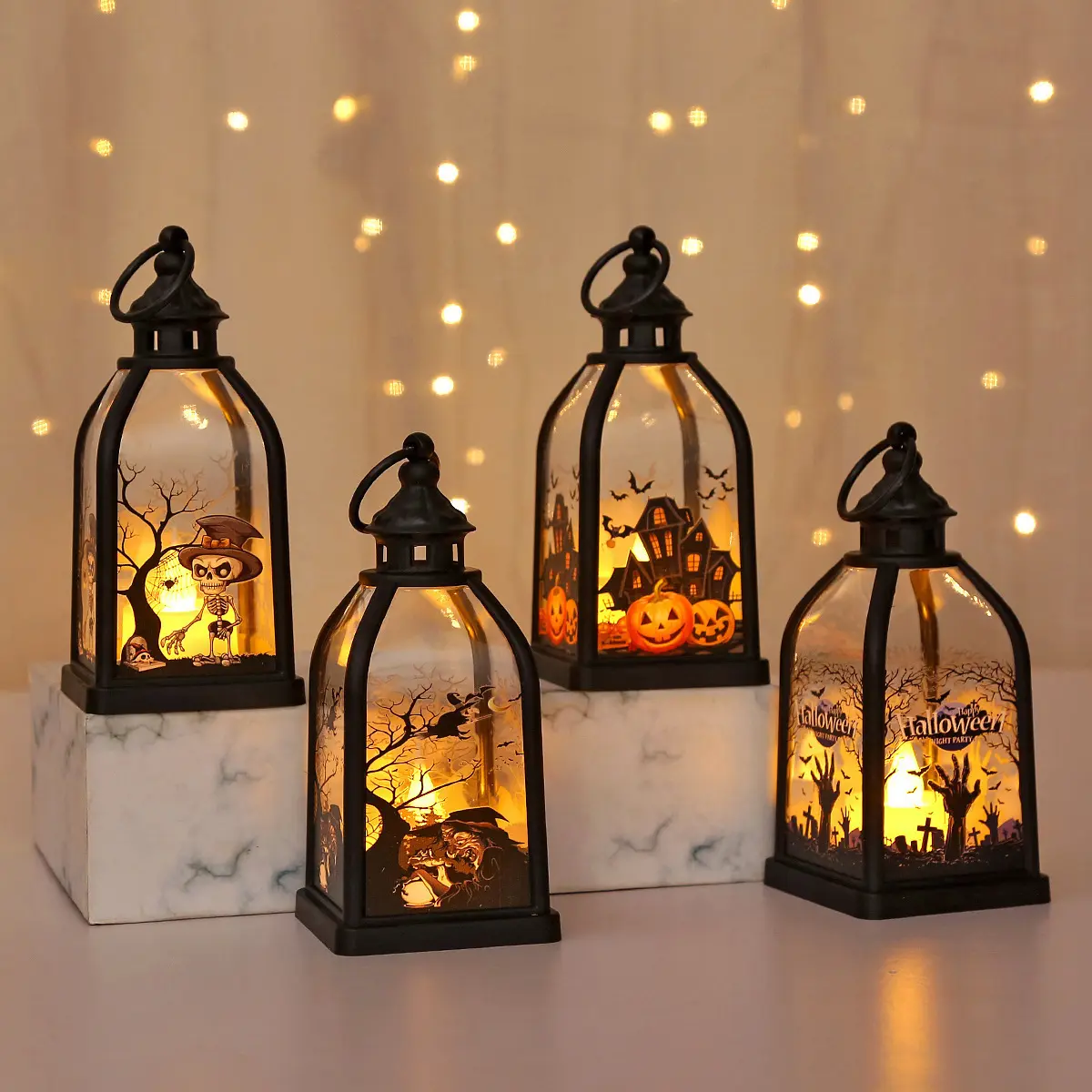 4PCS Halloween Lantern Decorations, LED Light Up Pumpkin Ghost Lantern For Fall Home Decor, Spooky Tabletop Candle Lantern, Halloween Party Decorations For Indoor Outdoor Display, Cute Creepy Seasonal Ornament