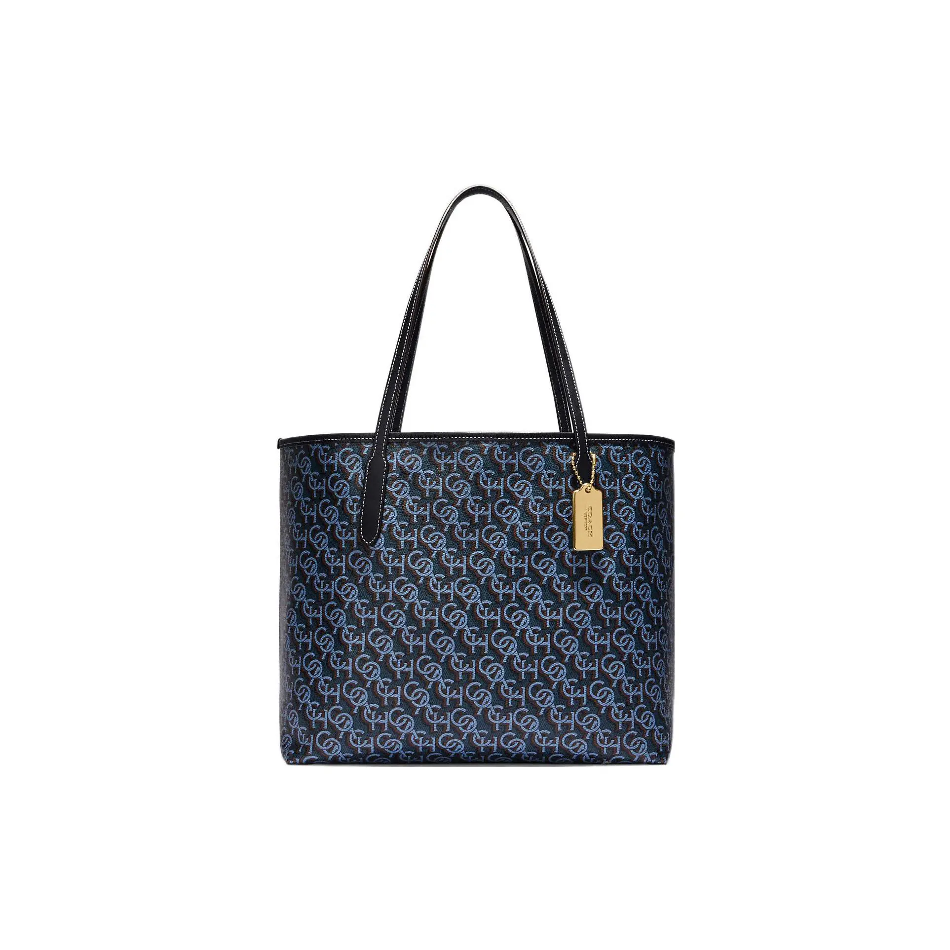 Coach City 33 Classic Monogram Snap-Top Tote Bag for Women, Canvas and Leather, Navy Blue