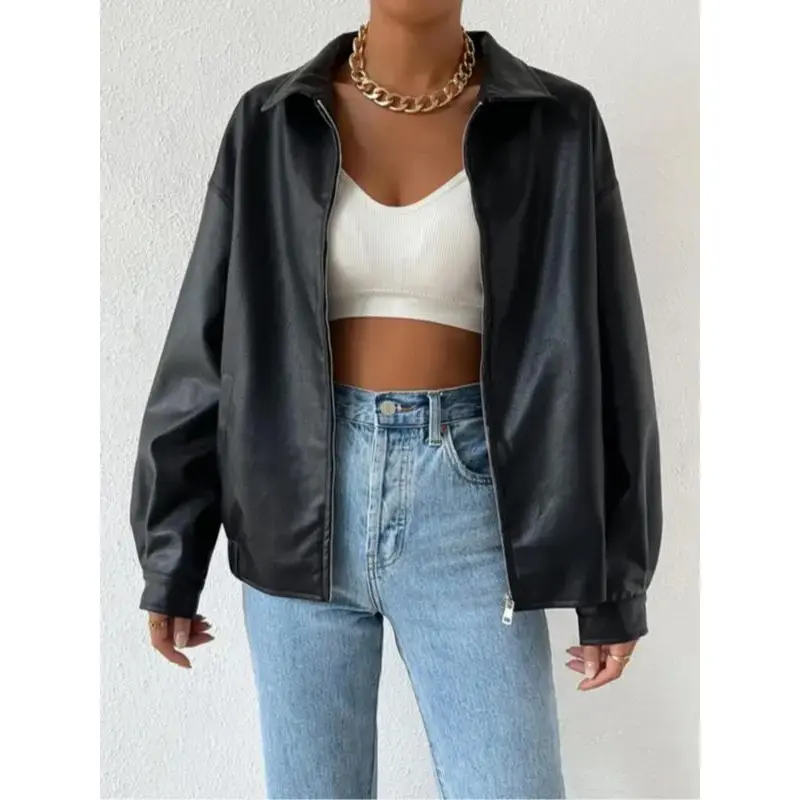 Women's Autumn Winter Coat, Drop Shoulder  Zip Pu Leather Jacket, Stylish Fitted Outerwear, Comfortable and Warm, for Cold Weather