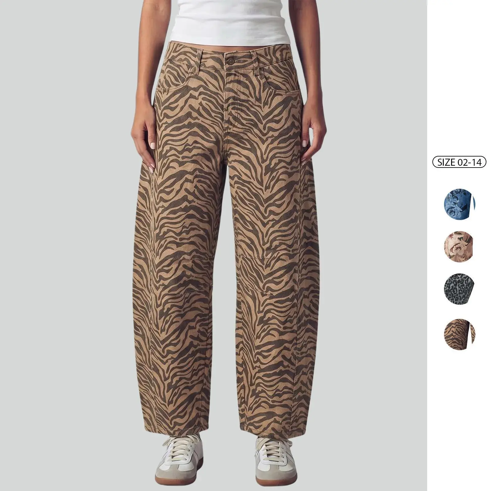 Imily Bela Womens High Waisted Barrel Jeans Unique Knee Dart Design Loose Fit Denim Pants Fashion Floral Leopard Zebra Polka Dot Prints Multiple Colors with Pockets