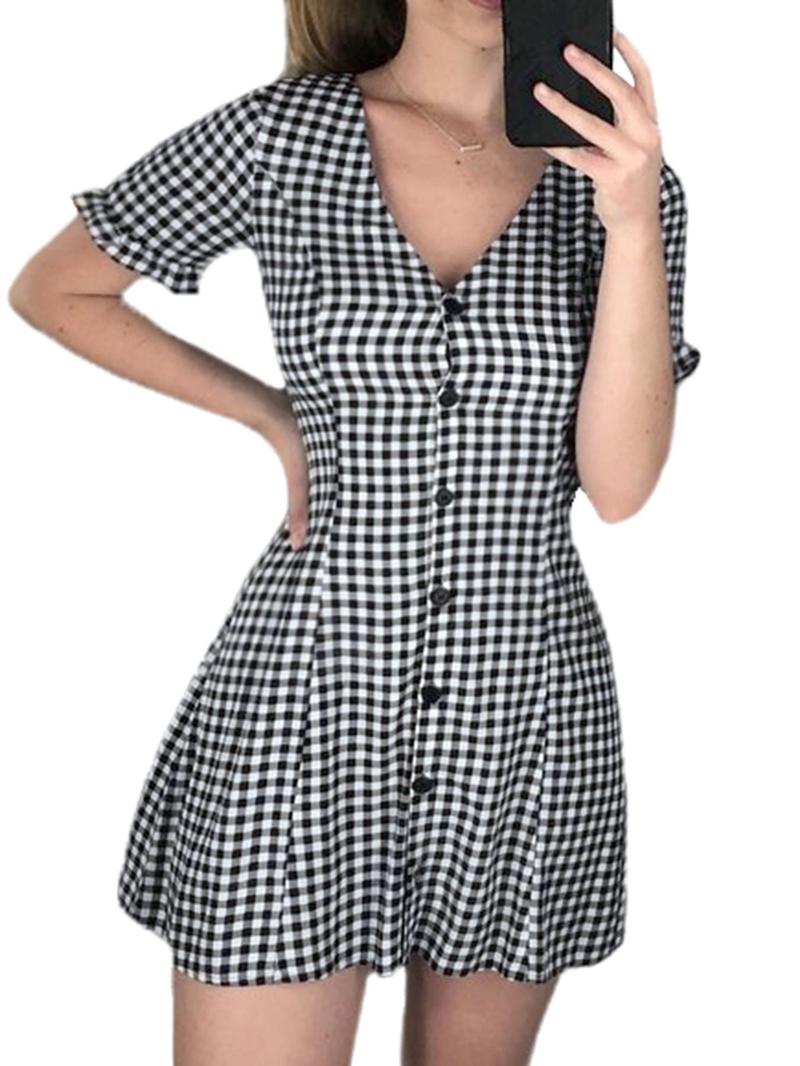 Women's Plaid Print Button Front V Neck A Line Dress, Elegant Fashion Casual Short Sleeve Dress for Daily Outdoor Wear, Summer Dresses for Women