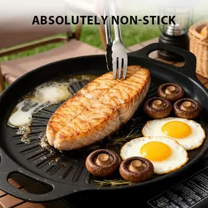 Non-stick Korean BBQ Grill Pan, Round Sun-shaped Teppanyaki Griddle Plate with Dual Handles, Compatible with Gas Stove, Even Heat Distribution Outdoor Camping Skillet, Multi-purpose Easy Clean Cooking Pan for Home Party & Restaurant