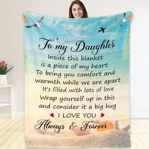 To My Daughter Seaside Beach Flannel Blanket, Ocean Waves Palm Tree Sentimental Soft Throw, Cozy Warm Gift for Her Girl from Mom Dad, Couch Sofa Bed Inspirational Decor, Summer AC Nap Blanket, Birthday Graduation Farewell Gift for Daughter