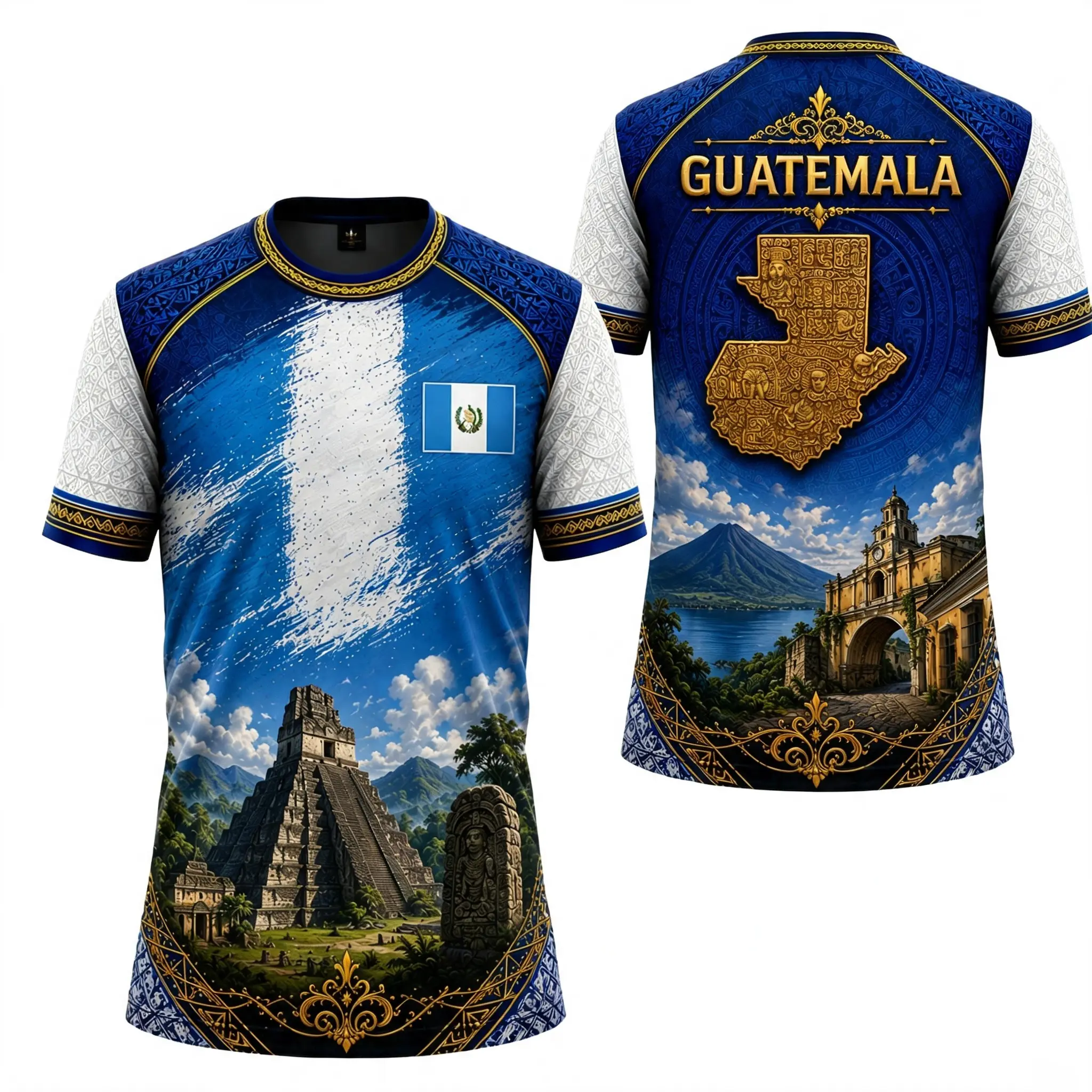 Men's Short Sleeve T-Shirt - Blue White Guatemala Flag Print, Mayan Pyramid Landscape Design - Casual Sports Menswear Top
