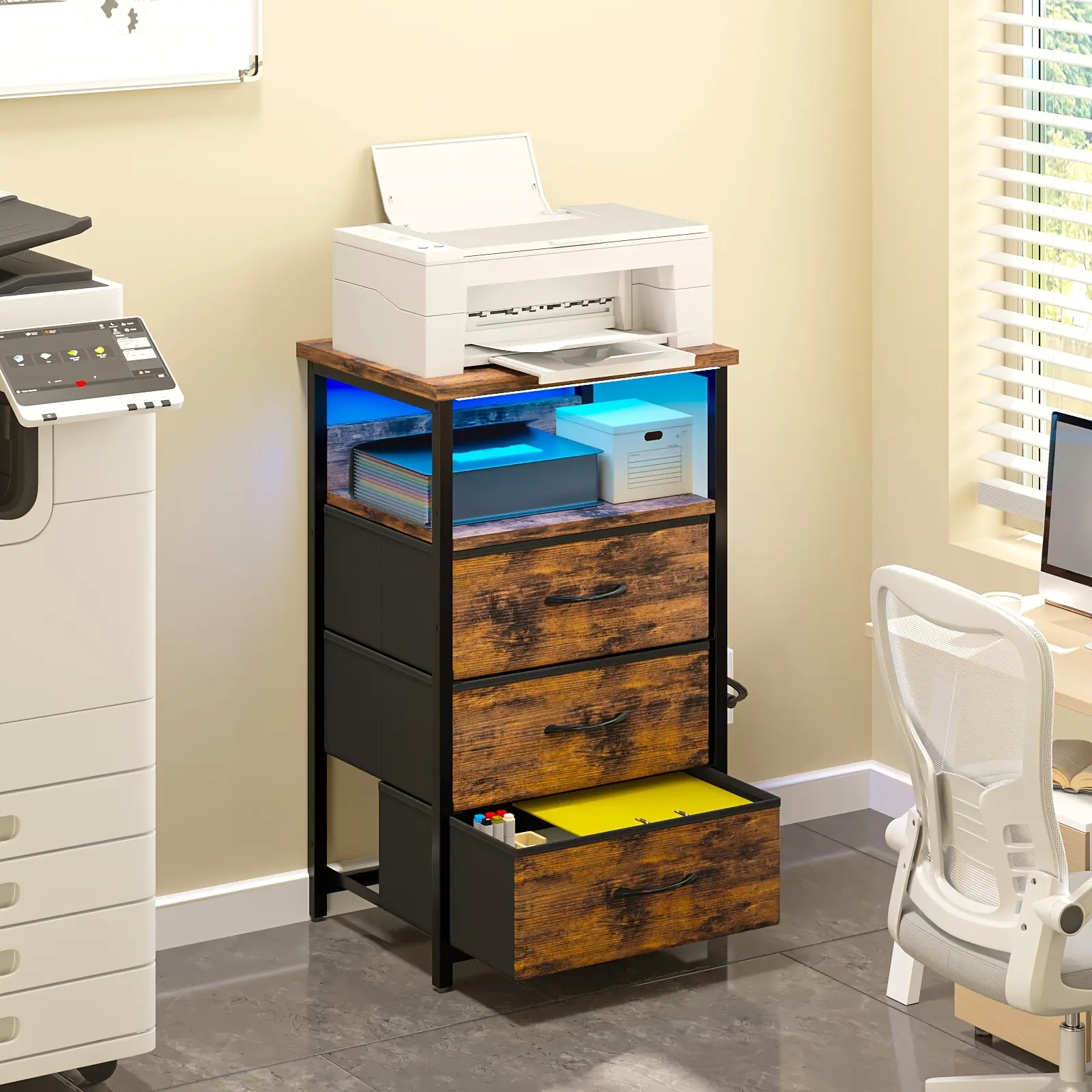 Office Storage Cabinet with Charging Station, LED Side Table with Fabric Drawers, 3 Colors (Brown, Black, White), Ideal for Dorm Storage, Halloween & Christmas Use