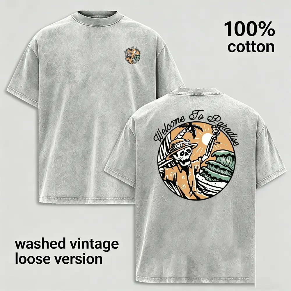 Vintage Paradise Graphic T Shirt for Men, Washed Cotton Tee, Retro Island Beach Shirt, Summer Streetwear Top