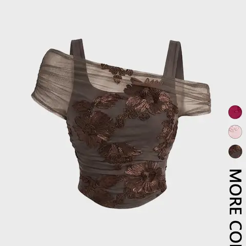 1 Piece Cold Shoulder Mesh Top with Floral Embroidery, Women's Ruched Bodycon Short Sleeve Party Blouse Boho Floral Blouse Boho Chic Blouse Boho Tops