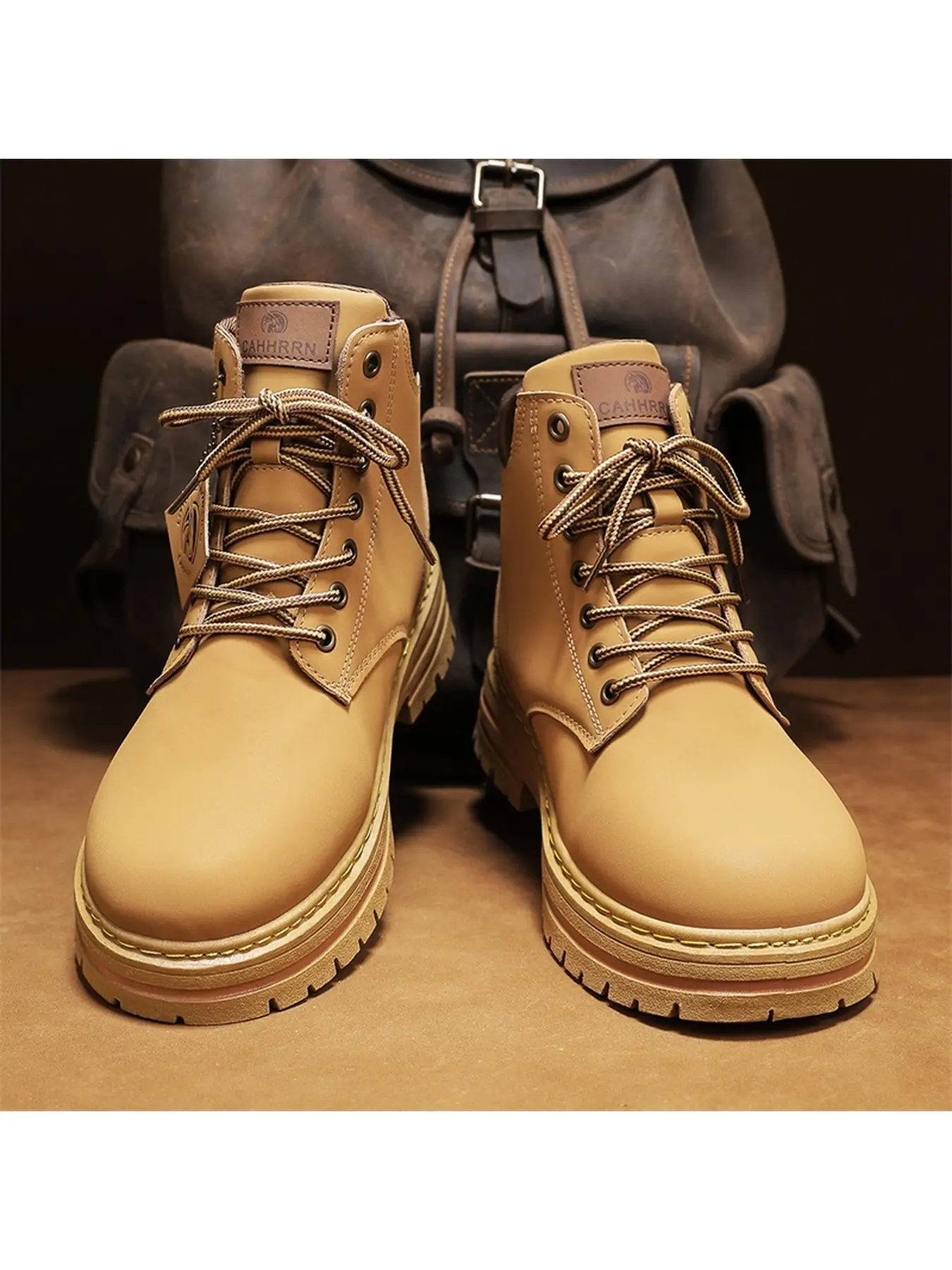 Retro Yellow Utility Ankle Boots Height Increasing Chunky Platform Sole Lace Up Combat Boots Fashion Outdoor Hiking Work Boots For Couples
