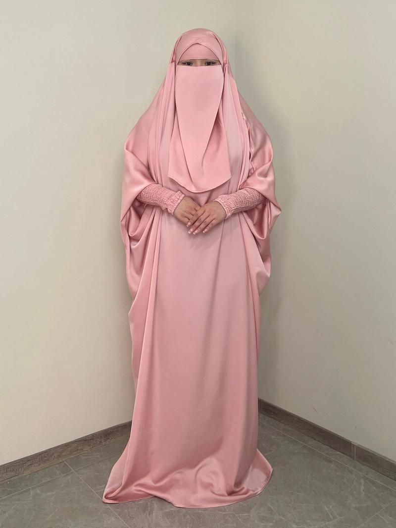 Women's Solid Shirred Jilbab Abaya Set, Modest Muslim Clothing Set for Daily Wear, Modesty Muslim Clothing, Women's Islamic Clothing for Spring & Fall