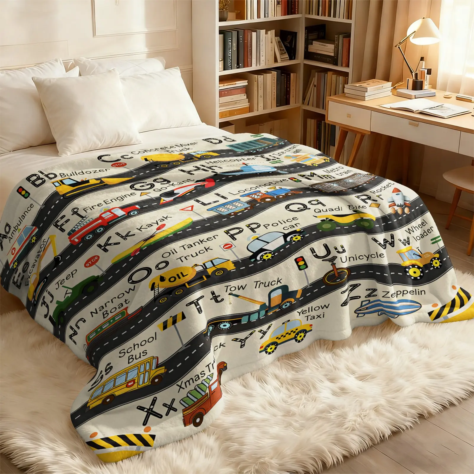 ABC Alphabet Transport Car Flannel Blanket, Kids Learning Vehicle Plush Throw, Oversize Lightweight Multi-use Blanket for Nap, Educational Toddler Bedroom Decor Blanket