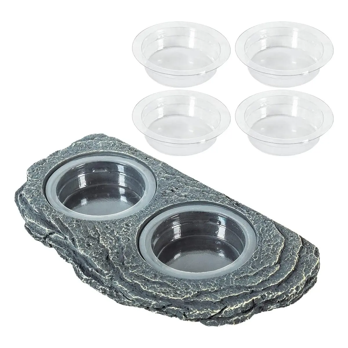 Natural Rock Texture Reptile Magnetic Feeder Ledge - Strong Magnet Double Bowl Set with 6 Feeding Cups, 1.5lb Capacity Food/Water Feeder for Crested Geckos