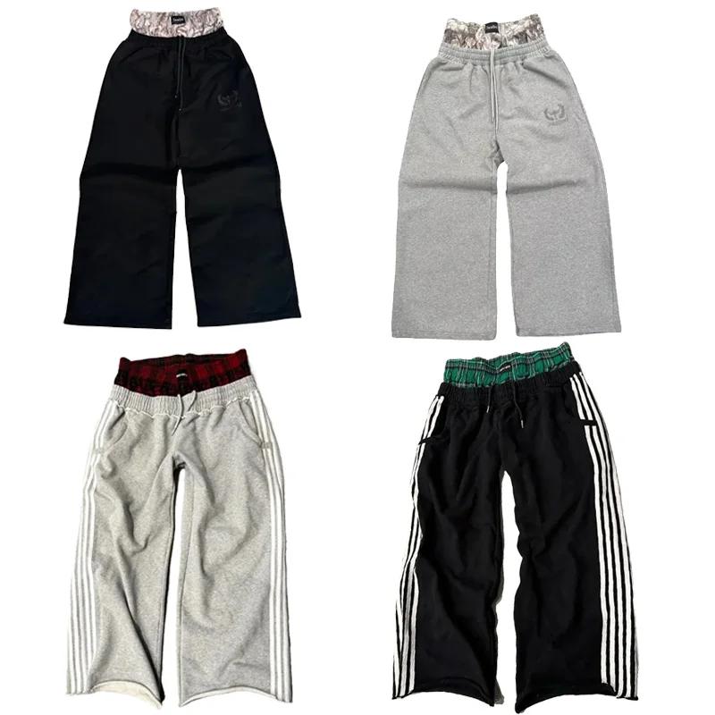 NewY2K pants vintage Harajuku double Embroidered waist Sweatpants Men Wome Hip Hop Casual High waisted Wide Leg Pants Streetwear Menswear Trouser
