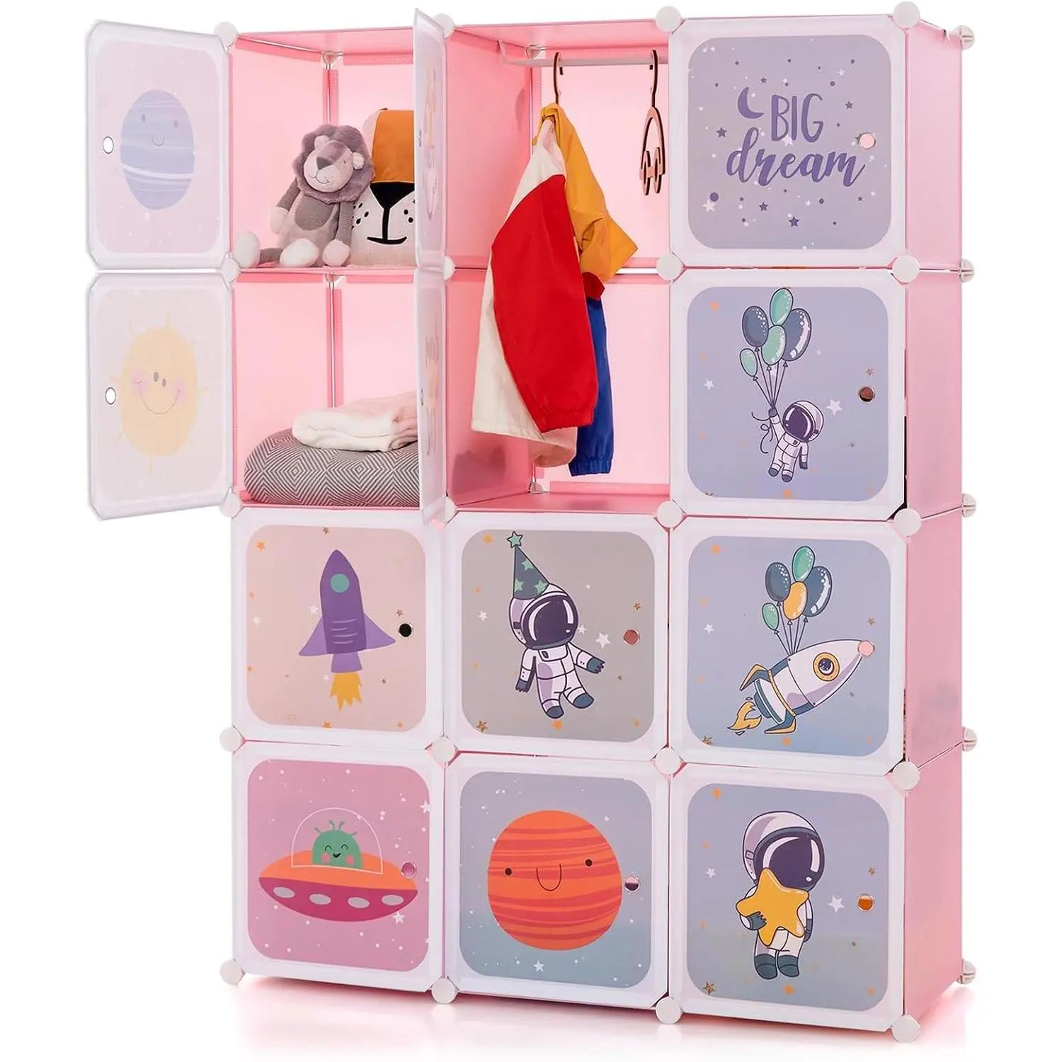 Portable Cute Kid Closet Children Wardrobe, Baby Dresser Nursery Armoire with Doors, 12 Cube 2 Hanging Sections Kid Clothes Storage Organizer for Kids Bedroom, Pink (12 Cubes)