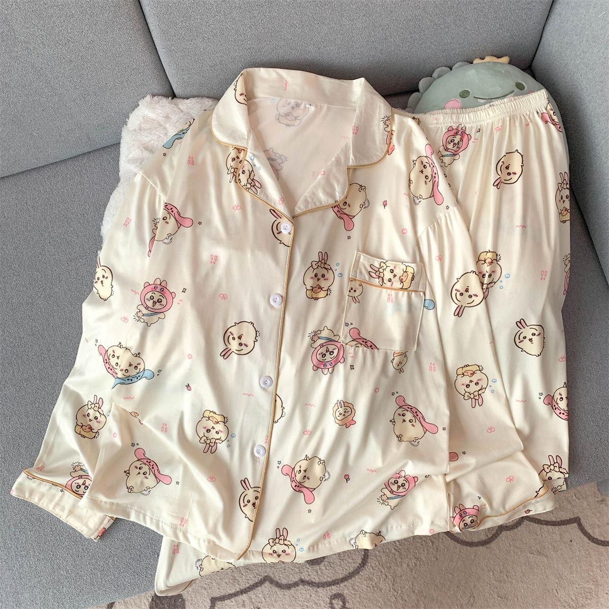 Chiikawa Usagi Cute Pajamas Set Women Spring Autumn Long Sleeve Pants Loungewear Kawaii Student Dormitory Home Sleepwear gift