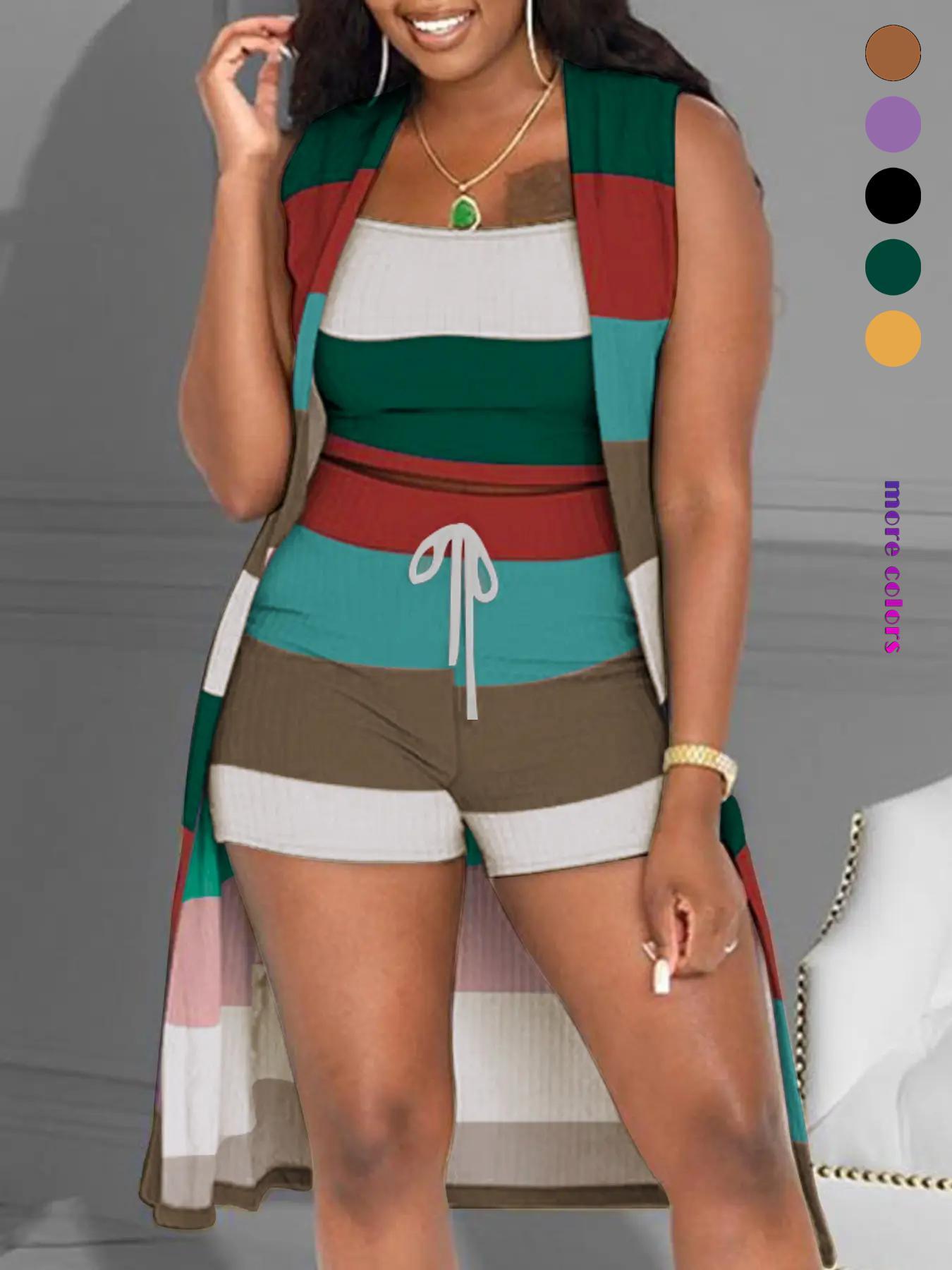 Three-Piece Set Women's Colorblock Striped Print Scoop Neck Crop Tank Top & High Waist Tie Front Shorts & Sleeveless Outerwear Set, Summer Outfits, Casual Everyday Set