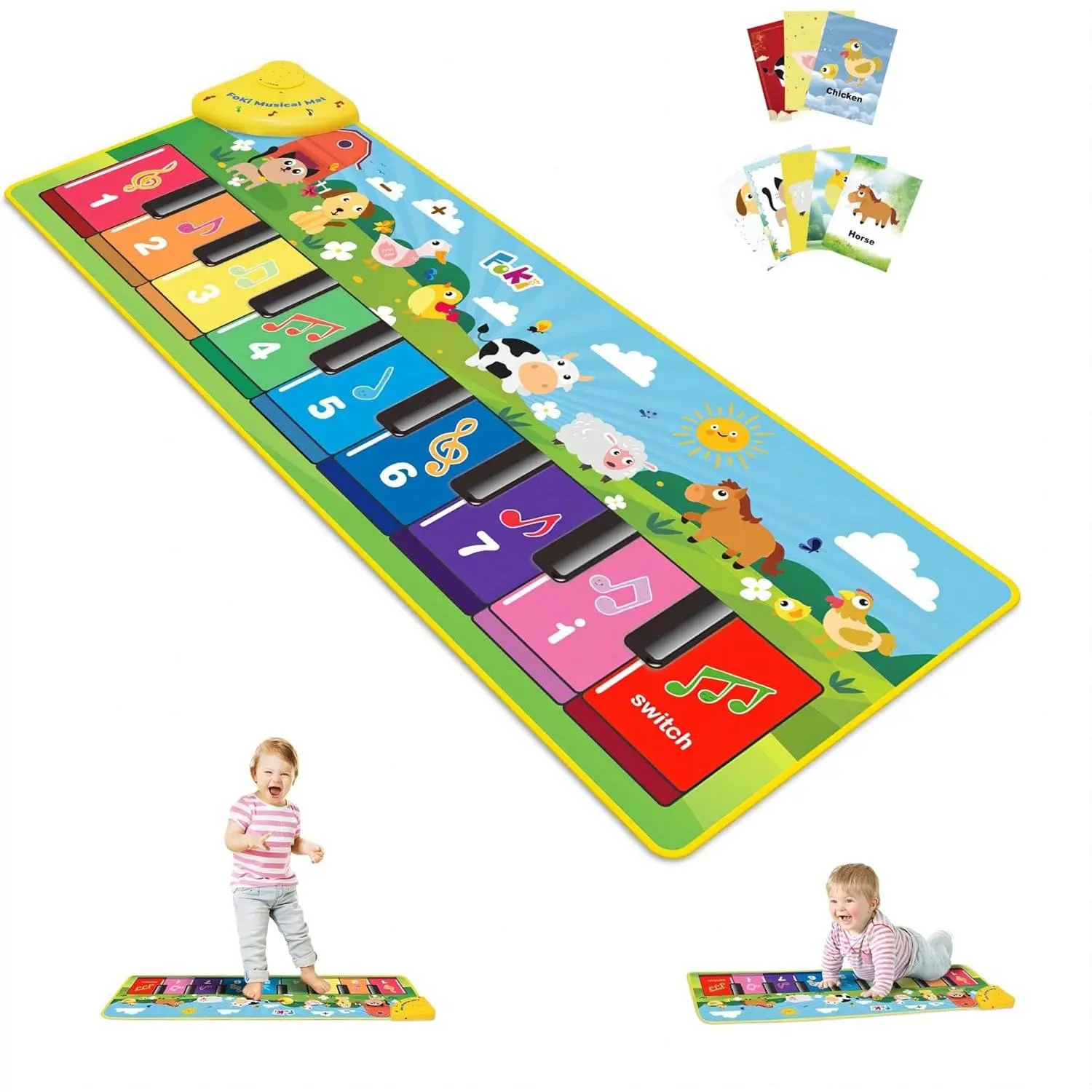 Toddlers' Unisex Floor Piano Mat - 1-5 Years Animal Theme Sensory Educational Dancing Musical Keyboard Carpet Toy, Safe Fabric Touch Playmat Blanket with Animal Sounds, Requires Batteries