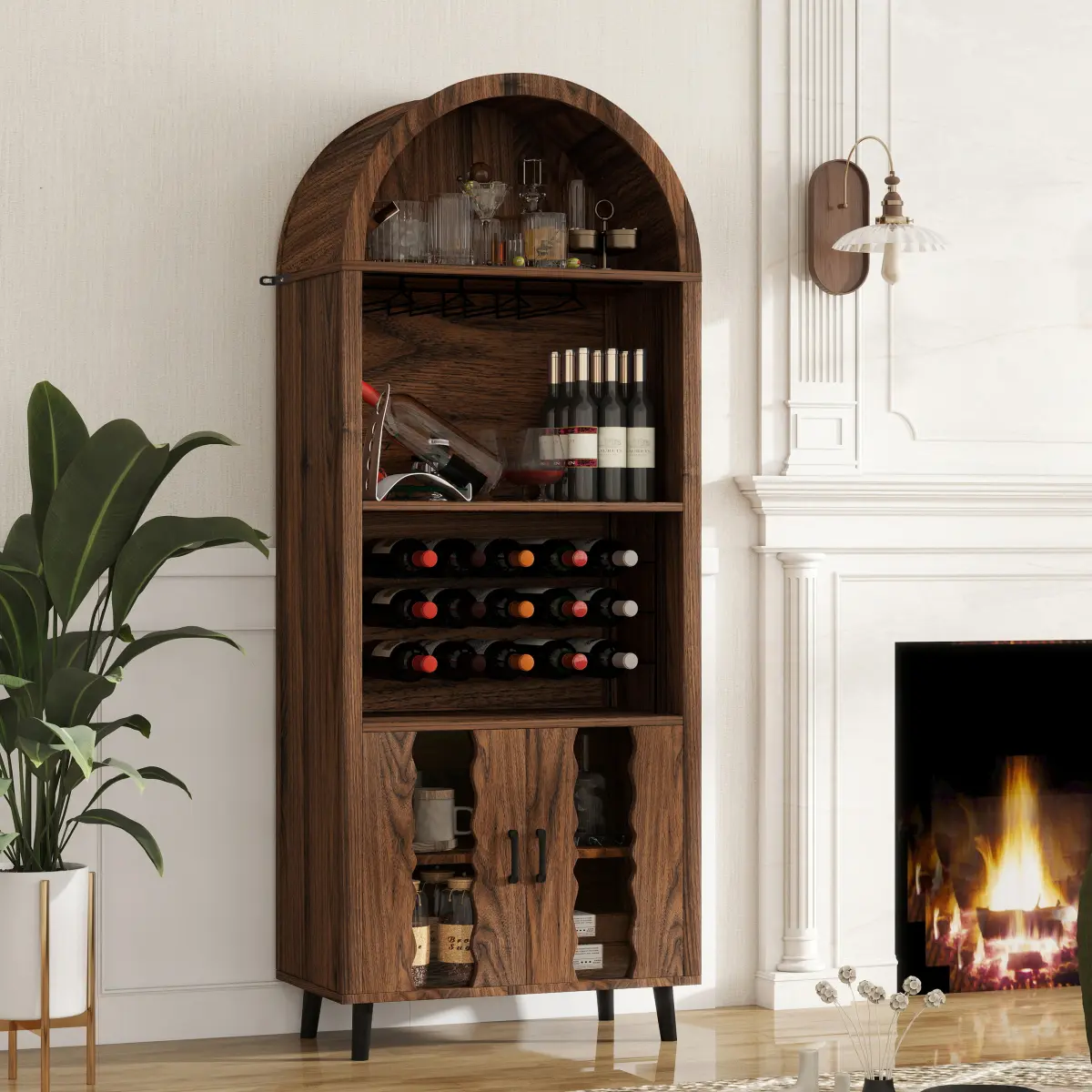 Natural Brown Farmhouse Arched Top Home Bar Cabinet (71in/70.87x25.59x15.74in) - Durable MDF Frame Single Unit, 15 Bottle Racks, 16 Glass Holders, Anti-Tip Anchors, Assembly Required, Apartment Size for Coffee Station, Dining Room, Default