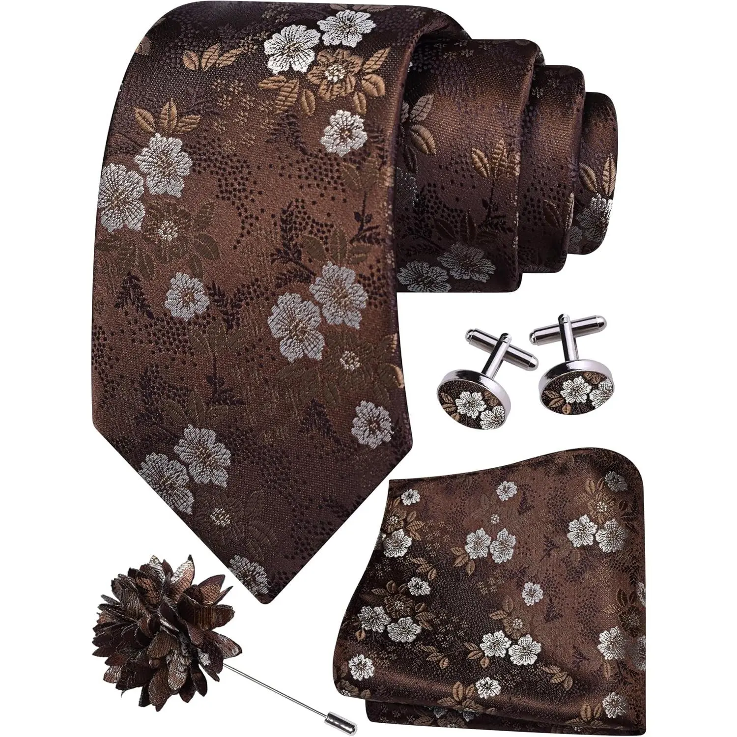 Men's Floral Necktie Set with Lapel Pin, Handkerchief and Cufflinks, 3.15" (8cm)(Gift)