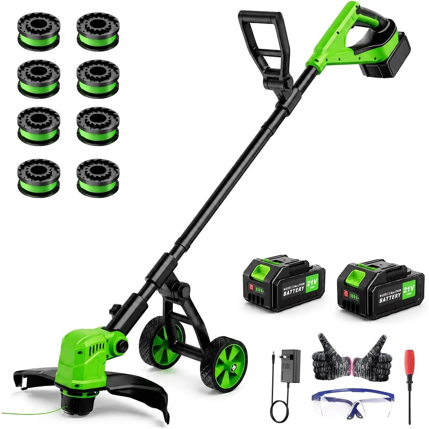 Weed Wacker with Wheels, 21V Battery Powered String Trimmer | Weed Eater with 8 Spools & 2x3.0AH Batteries, Lightweight Lawn Mower & Grass for Yard, Lawn Care