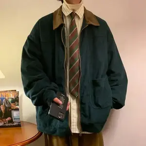 Retro Jacket 2024 Autumn Men Corduroy Bomber Jacket Loose Oversized Patchwork Casual Jacket Male Clothing Loose Hip Hop Tops 5xl Menswear Coats Gamis Long Sleeve Beige Dark Green Chinese Fashion(Sheets)