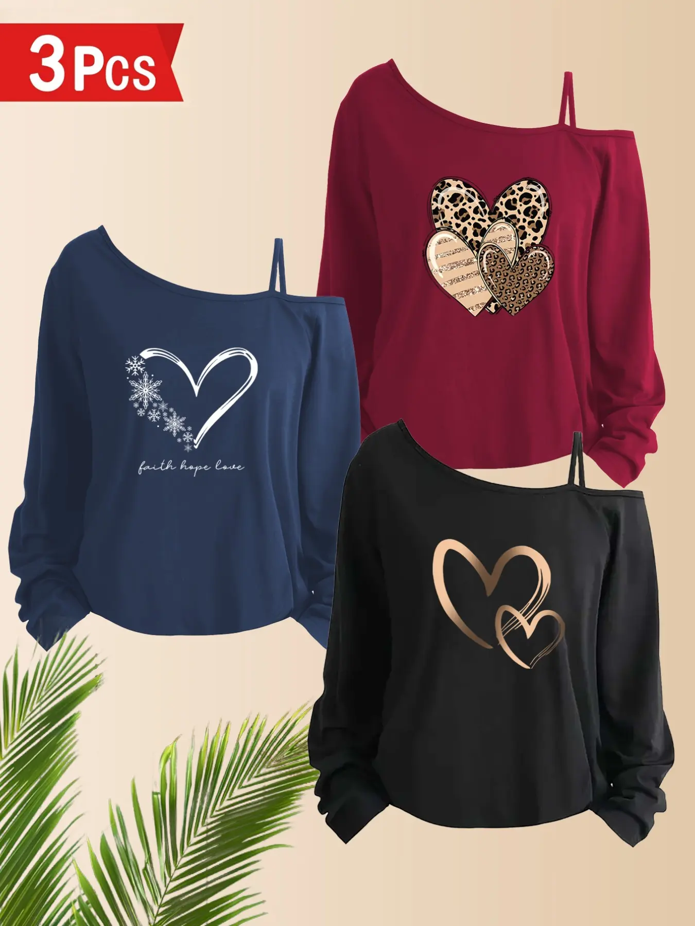 3pc Women's Casual Asymmetrical Shoulder Long Sleeve Top, Heart Print, Breathable Stretch Fabric, Slim-Fit, Unlined, Batch W10010928