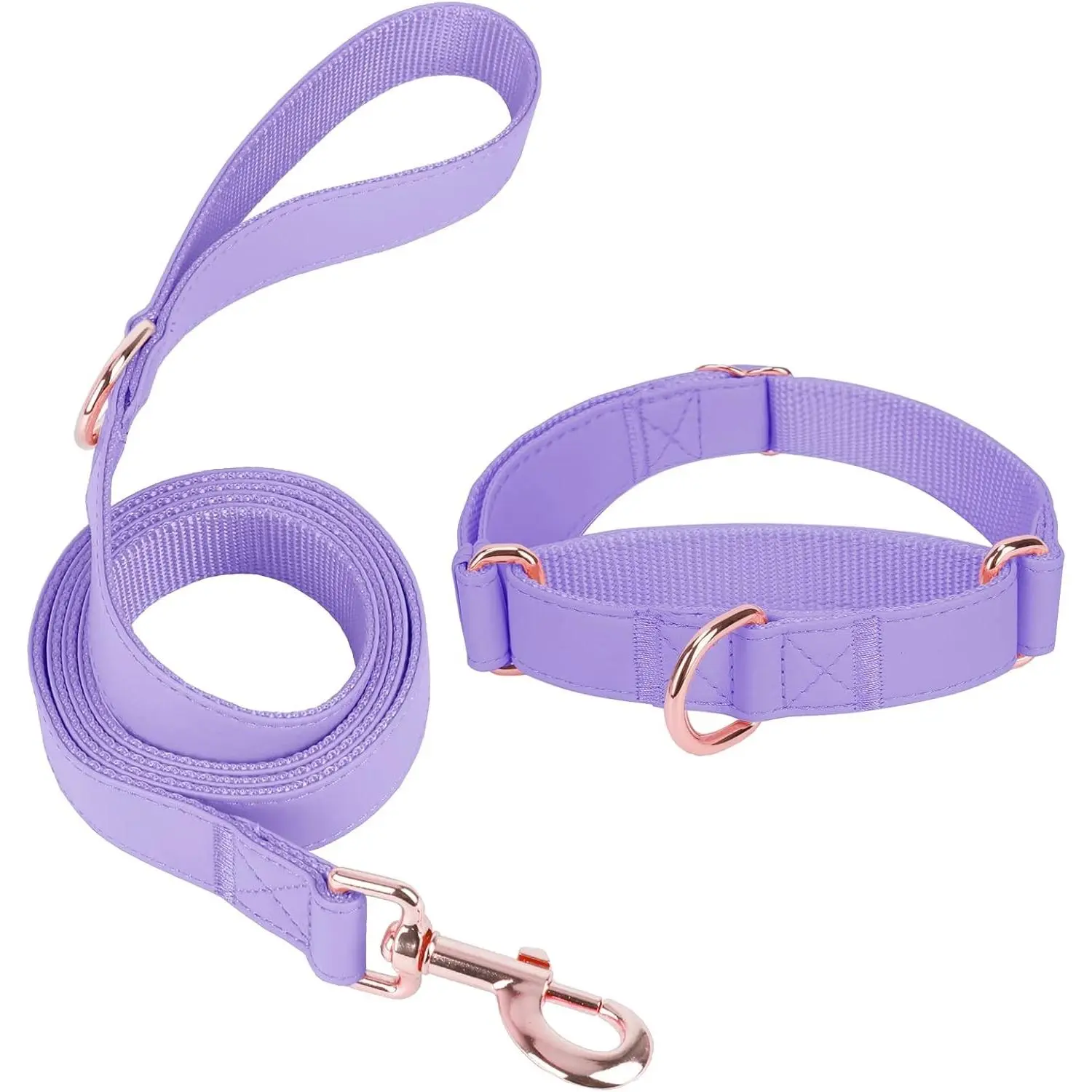 Soft Leather Martingale Dog Collar - Adjustable Rose Gold Limited Slip Collars [Easy to Clean], Stylish Durable Heavy Duty Nylon No Pull Training Collar for Small Medium Large Dogs (M, Set Purple)