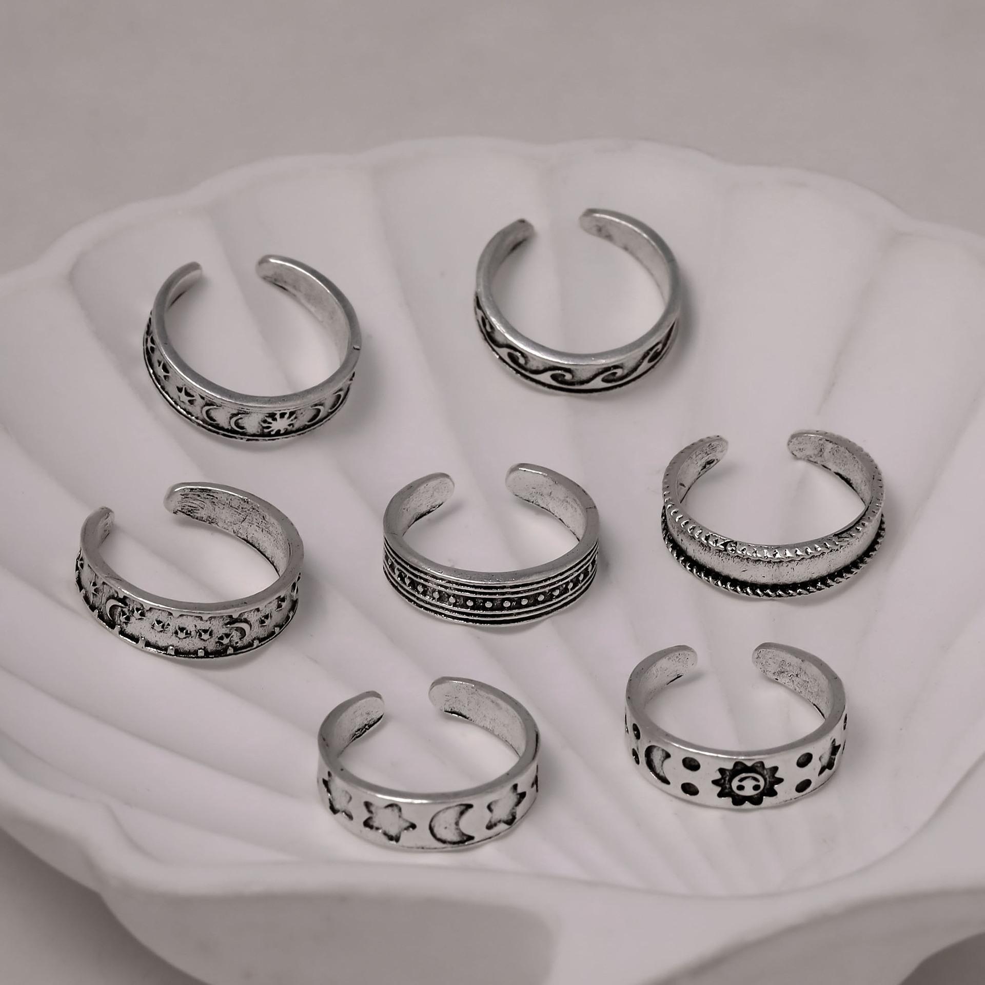 7 Pcs Vintage Sun Moon Star Open Ring Set, Silver Boho Stackable Rings, Hypoallergenic Celestial Jewelry for Women