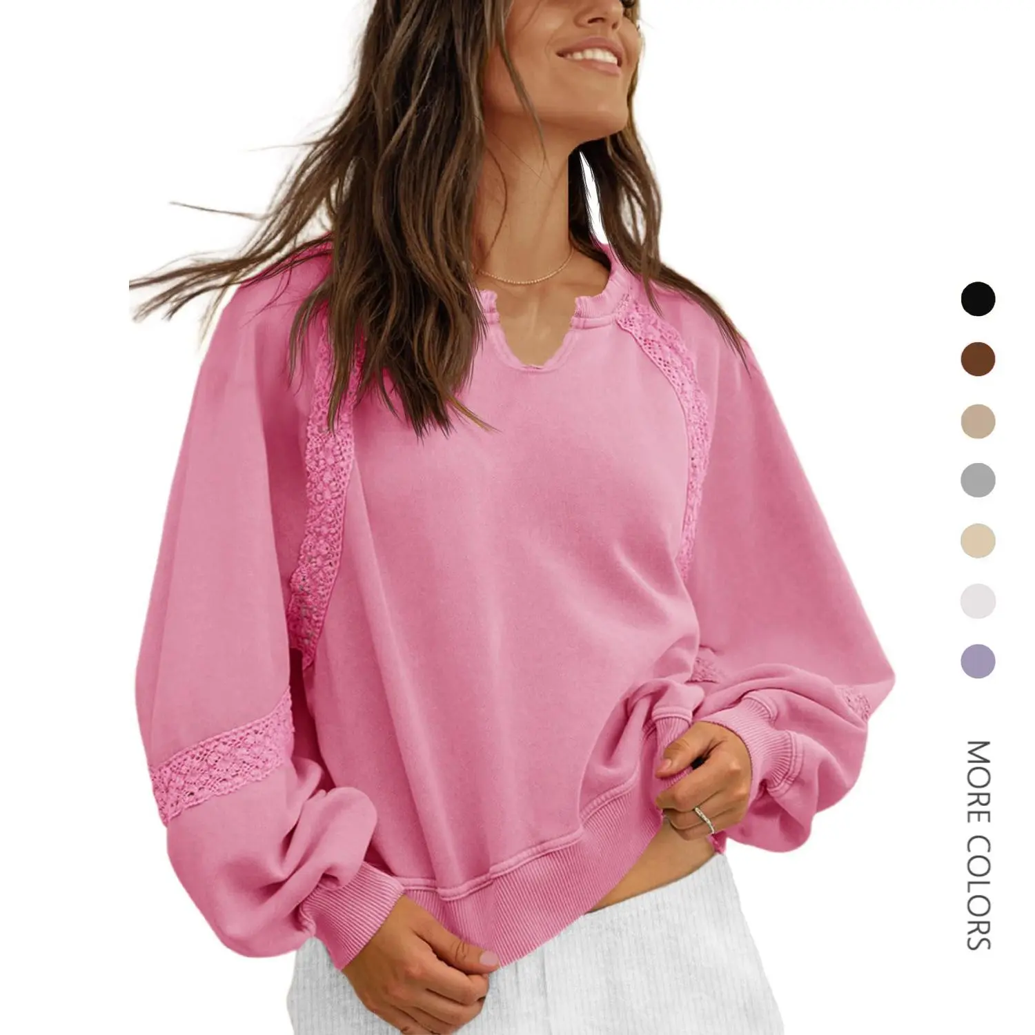 Women's V-Neck Cropped Sweatshirt - Casual Loose-Fit Ribbed Knit Top with Lace Trim, Puffed Lantern Long Sleeves, Soft Breathable Fabric, Lady All-Seasons Elegant Pullover
