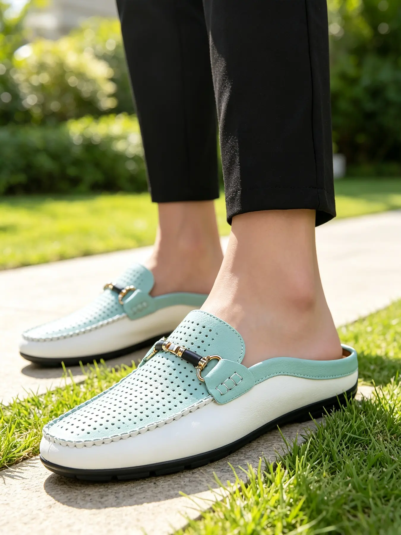 Women's Breathable Perforated Backless Loafer Mules, Hollow Leather Slip On Driving Half Shoes, Ventilated Flat Moccasin Slide Sandals for Summer