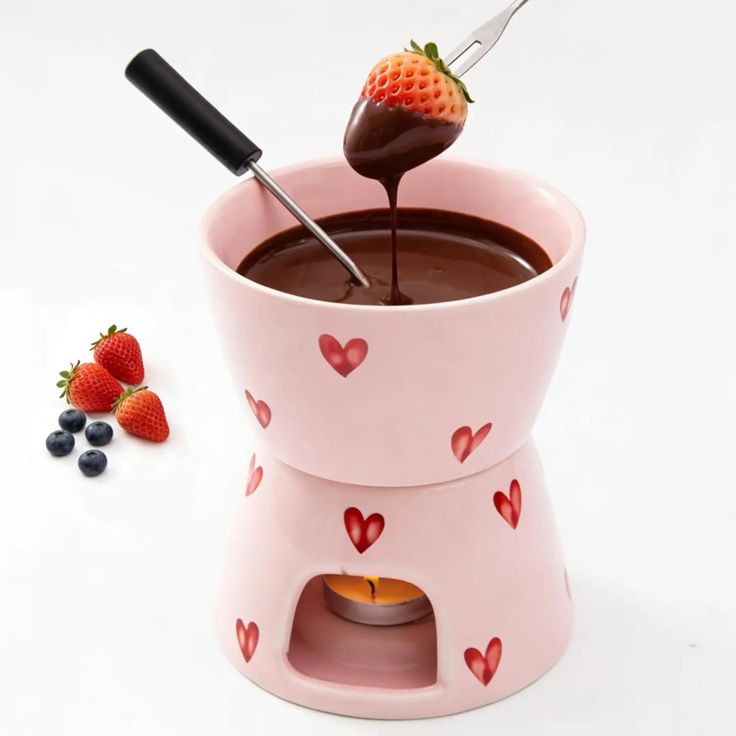 Pink Ceramic Sweet Cheese Fondue Cup Set with 2 Dipping Forks, Individual Chocolate Melting Mug, Small Dessert Fondue Melter for Valentine's Day, Anniversary, Dating & Gifting