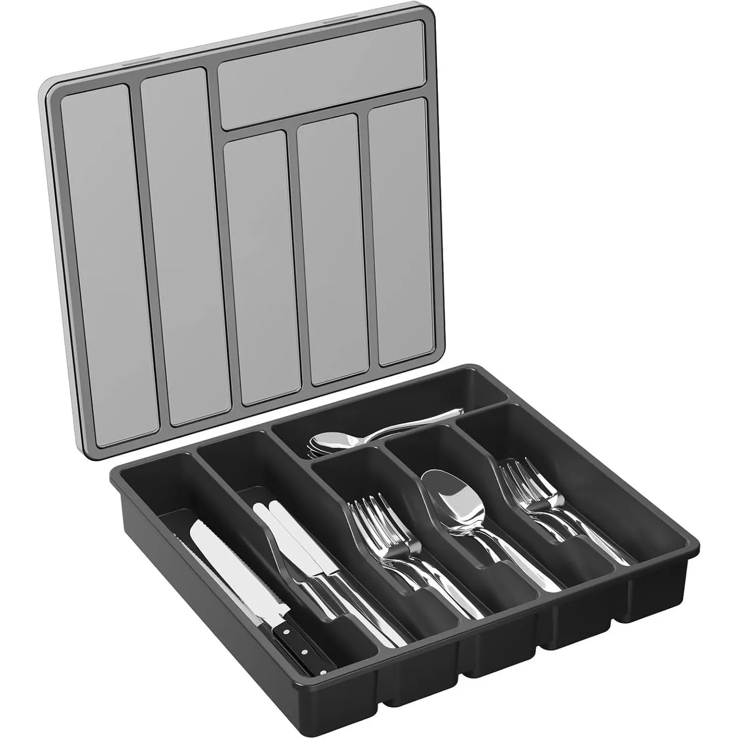 Functional Covered Lid Silverware Organizer, 12.6x11.8" Plastic Cutlery Storage Drawer Box for Kitchen Drawer & Countertop, Spoons Forks Knives Holder