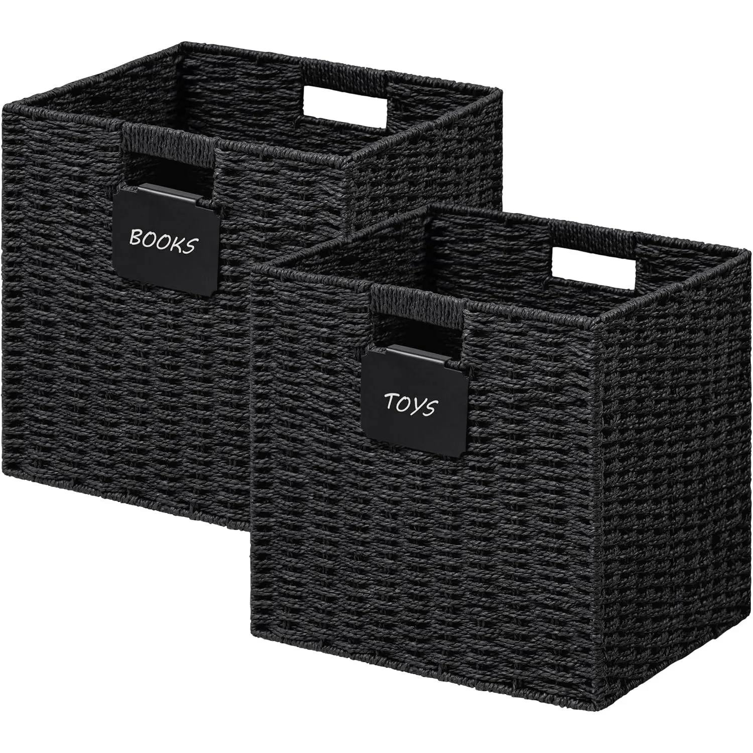 2 Pack Wicker Basket, 10.5×10.5 Storage Cubes with Label, Foldable Cube Storage Bin with Handle, Square Storage Basket for Shelves, Woven Paper Rope Basket for Organizing, Black