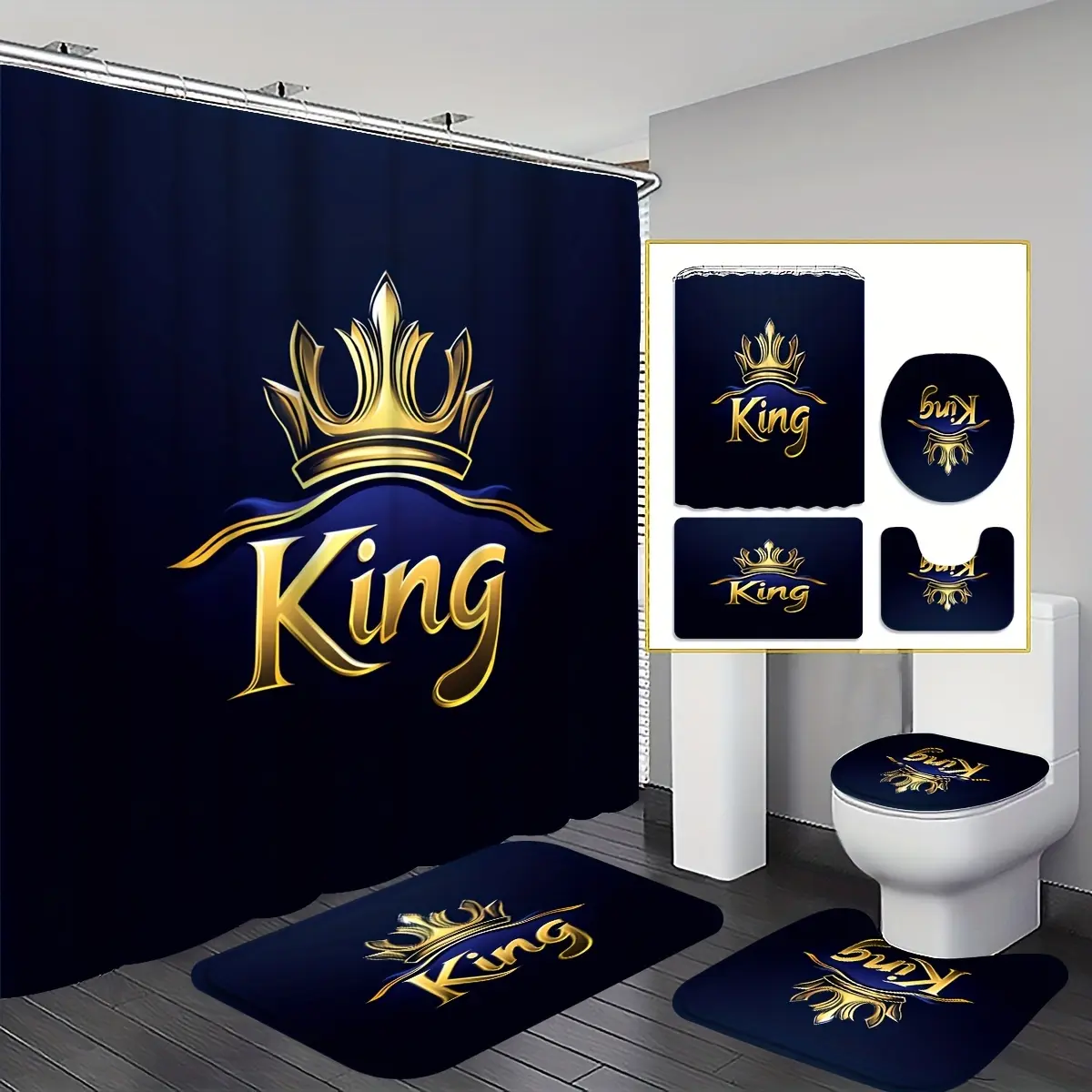 4-Piece Deluxe King's Crown Bathroom Set, Shower Curtain, Navy Blue Gold Pattern, U-Shaped Toilet Cover with 12 Hooks, Bathroom Decor